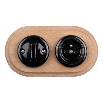 Elhard - Interruttore retro in ceramica č. 1 e presa 230V con placca nero/legno chiaro