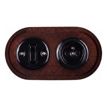 Elhard - Interruttore retrò in ceramica n. 1 e presa 230V con cornice nera/legno scuro