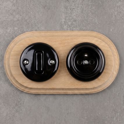 Elhard - Interruttore retro in ceramica č. 1 e presa 230V con placca nero/legno chiaro