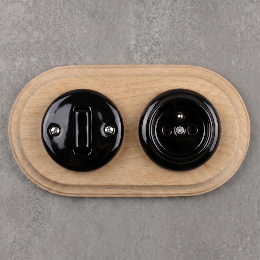 Elhard - Interruttore retro in ceramica č. 1 e presa 230V con placca nero/legno chiaro
