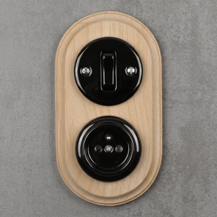 Elhard - Interruttore retro in ceramica č. 1 e presa 230V con placca nero/legno chiaro