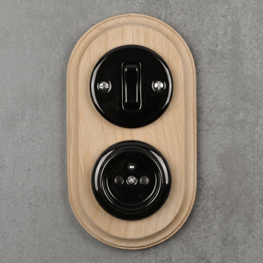 Elhard - Interruttore retro in ceramica č. 1 e presa 230V con placca nero/legno chiaro