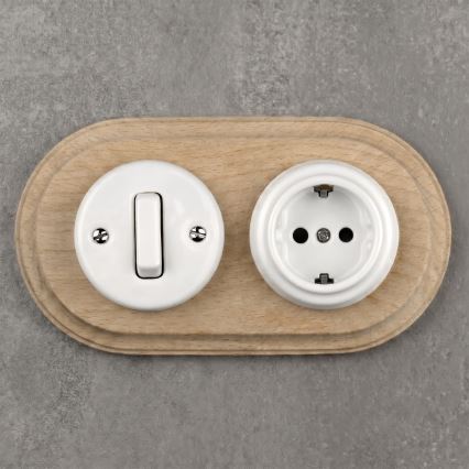 Elhard - Interruttore retrò in ceramica 1 modulo e presa 230V con cornice SCHUKO bianco/legno chiaro