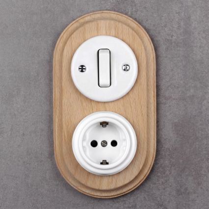 Elhard - Interruttore retrò in ceramica 1 modulo e presa 230V con cornice SCHUKO bianco/legno chiaro