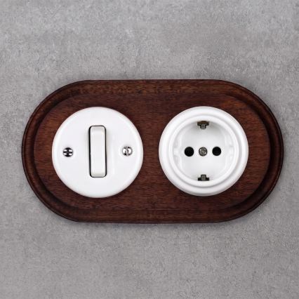 Elhard - Interruttore retrò in ceramica n. 1 e presa 230V con cornice SCHUKO bianco/legno scuro