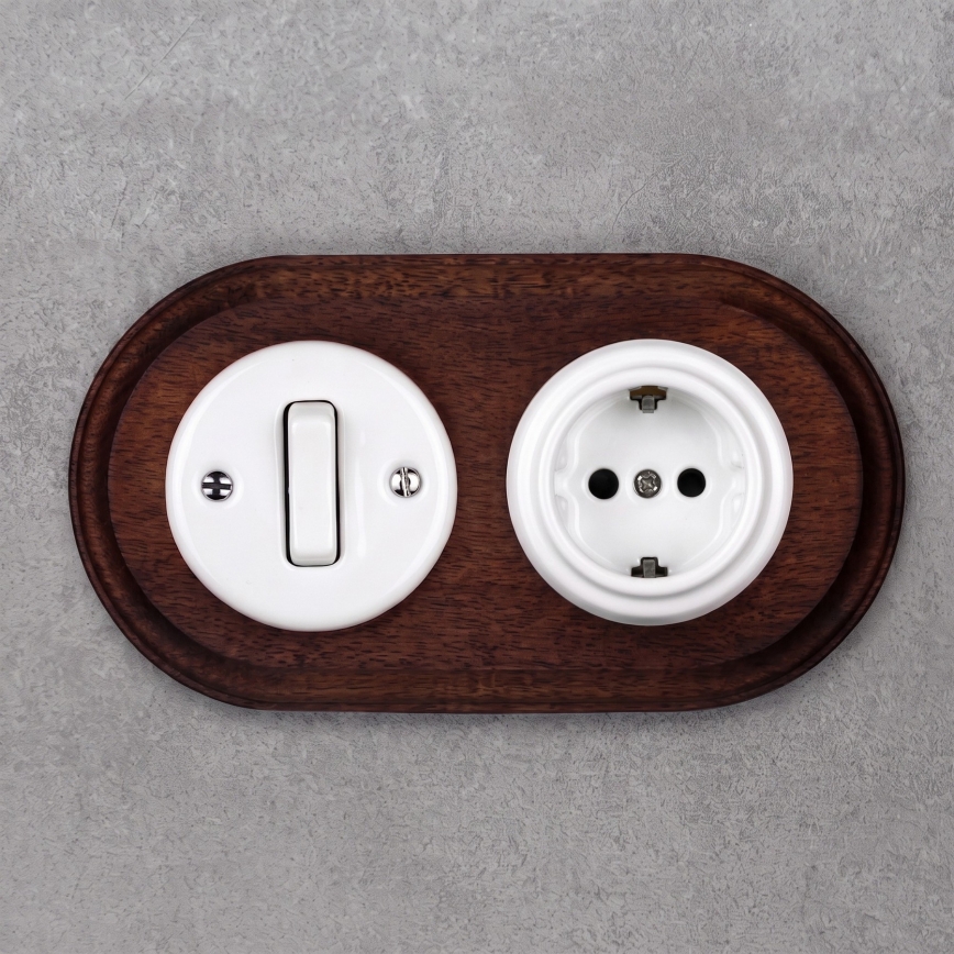 Elhard - Interruttore retrò in ceramica n. 1 e presa 230V con cornice SCHUKO bianco/legno scuro