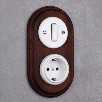 Elhard - Interruttore retrò in ceramica n. 1 e presa 230V con cornice SCHUKO bianco/legno scuro