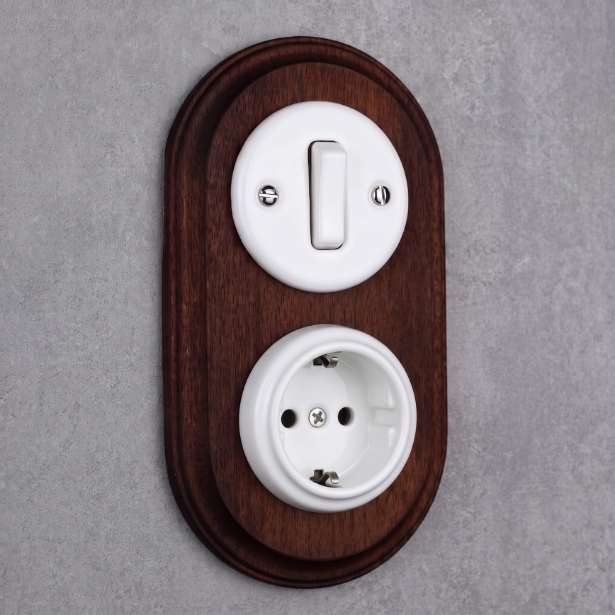 Elhard - Interruttore retrò in ceramica n. 1 e presa 230V con cornice SCHUKO bianco/legno scuro
