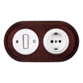 Elhard - Interruttore retrò in ceramica n. 1 e presa 230V con cornice SCHUKO bianco/legno scuro