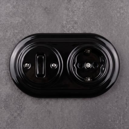 Elhard - Interruttore retrò in ceramica n. 1 e presa 230V con cornice SCHUKO nera
