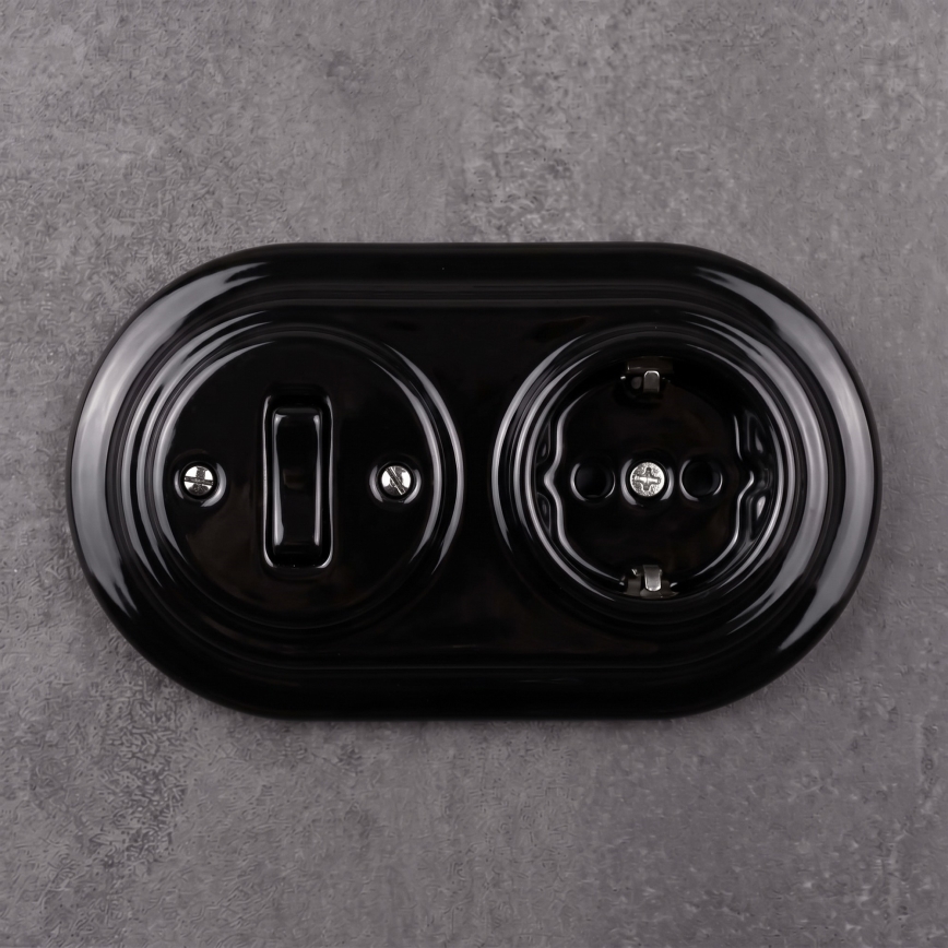 Elhard - Interruttore retrò in ceramica n. 1 e presa 230V con cornice SCHUKO nera