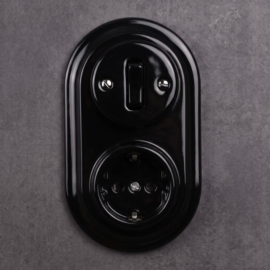 Elhard - Interruttore retrò in ceramica n. 1 e presa 230V con cornice SCHUKO nera