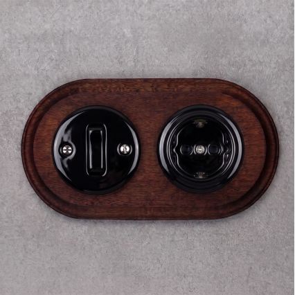 Elhard - Interruttore in ceramica stile retrò n. 1 e presa 230V con cornice SCHUKO nero/legno scuro