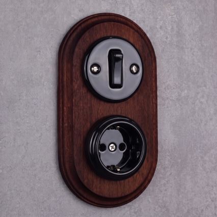 Elhard - Interruttore in ceramica stile retrò n. 1 e presa 230V con cornice SCHUKO nero/legno scuro