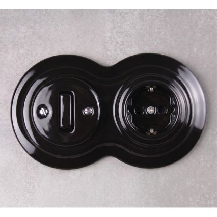 Elhard - Interruttore retrò in ceramica n. 1 e presa 230V con placca SCHUKO nera