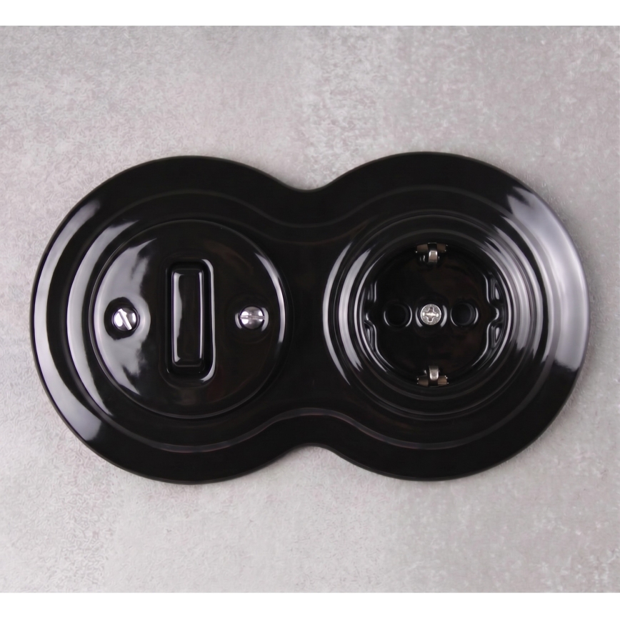 Elhard - Interruttore retrò in ceramica n. 1 e presa 230V con placca SCHUKO nera