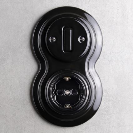 Elhard - Interruttore retrò in ceramica n. 1 e presa 230V con placca SCHUKO nera