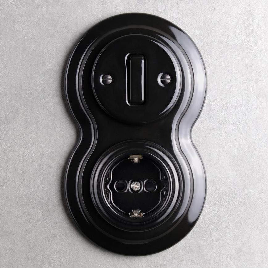 Elhard - Interruttore retrò in ceramica n. 1 e presa 230V con placca SCHUKO nera
