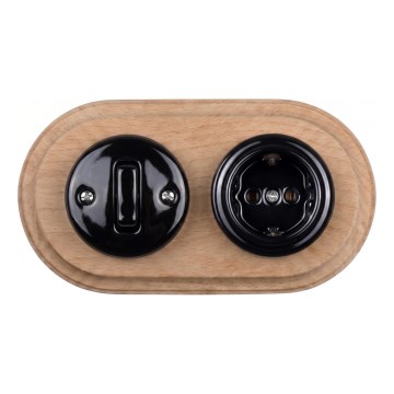 Elhard - Interruttore retrò in ceramica n. 1 e presa 230V con placca SCHUKO nero/legno chiaro