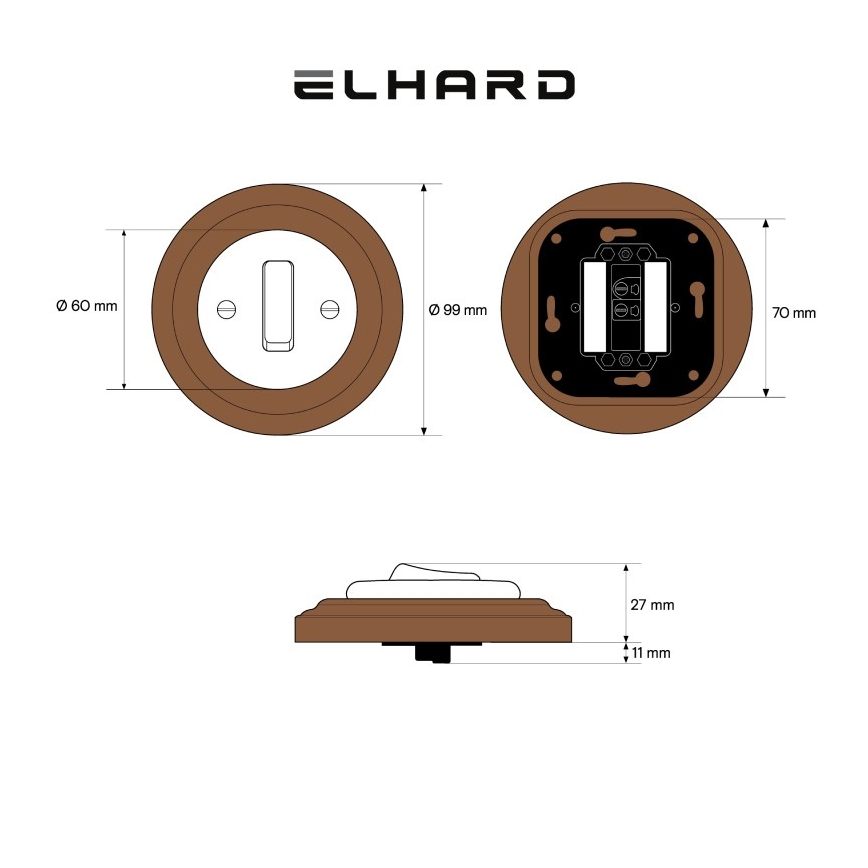 Elhard - Interruttore retrò semplice in ceramica con cornice n. 1 bianco/legno scuro
