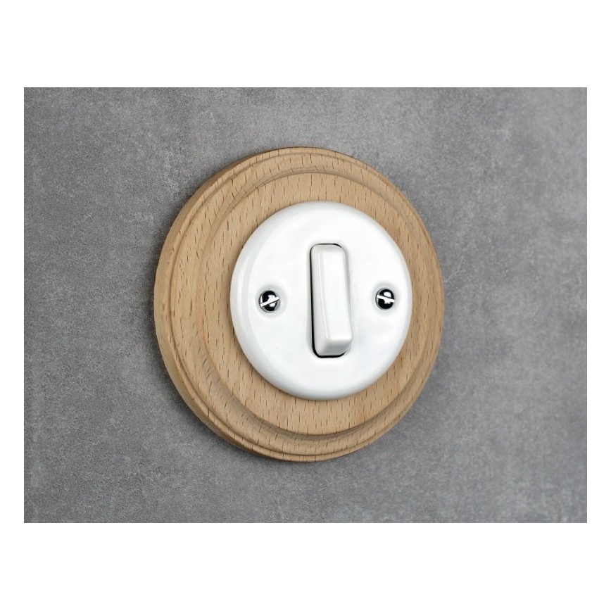 Elhard - Interruttore semplice in ceramica stile retrò con cornice n. 1 bianco/legno chiaro
