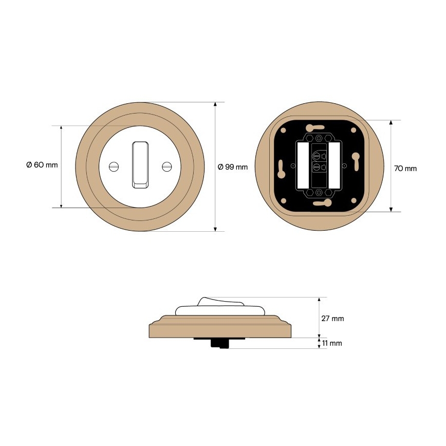 Elhard - Interruttore semplice in ceramica stile retrò con cornice n. 1 bianco/legno chiaro