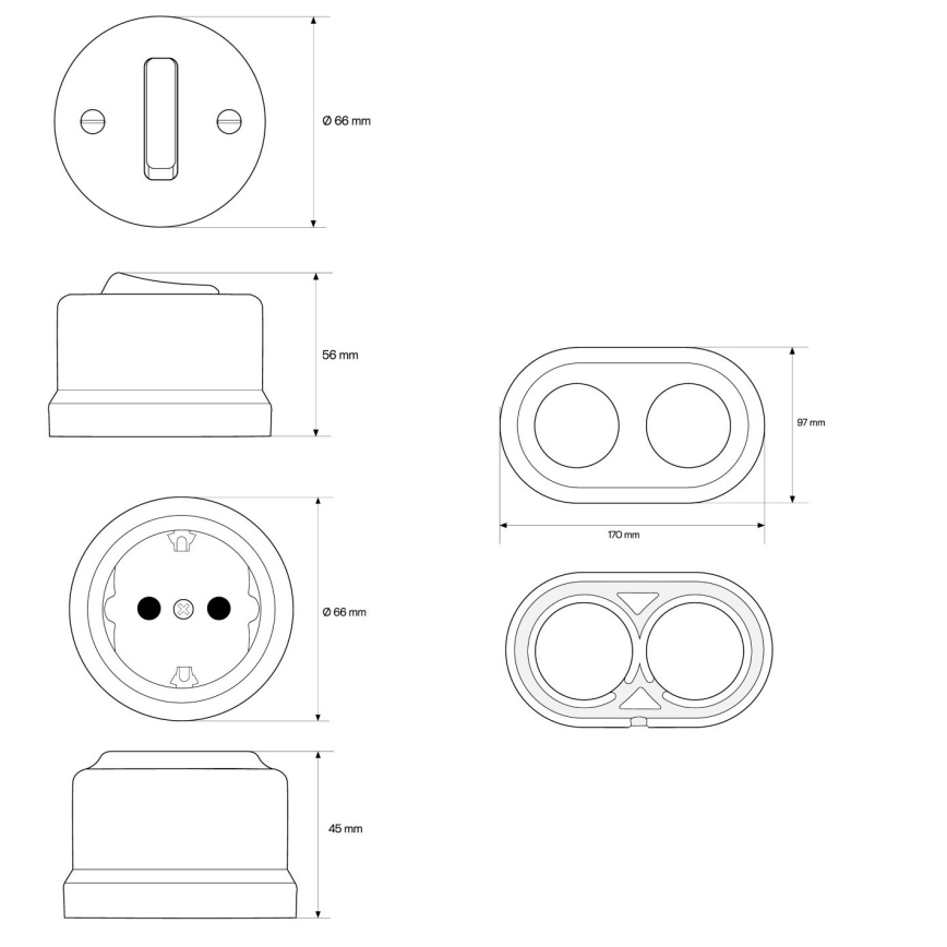 Elhard - Interruttore unipolare da parete in ceramica stile retrò n. 1 e presa SCHUKO 230V con placca nera