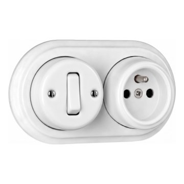 Elhard - Interruttore unipolare da parete in ceramica stile retrò n. 1 e presa 230V con cornice bianca