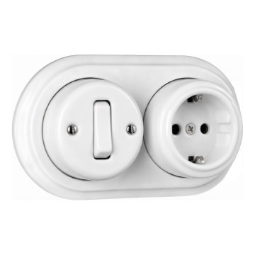 Elhard - Interruttore unipolare da parete in ceramica stile retrò n. 1 e presa SCHUKO 230 V con placca, bianco