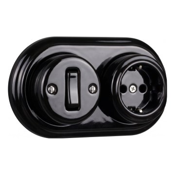 Elhard - Interruttore unipolare da parete in ceramica stile retrò n. 1 e presa SCHUKO 230V con placca nera