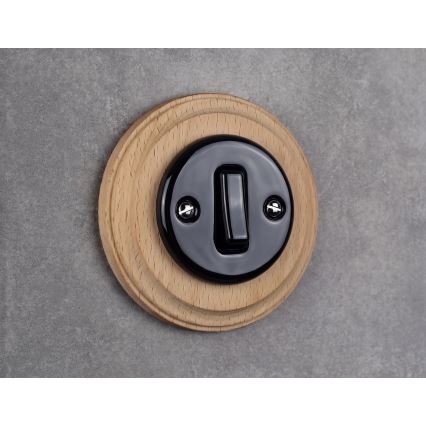 Elhard - Interruttore unipolare in ceramica in stile retrò con cornice n. 1 nero/legno chiaro