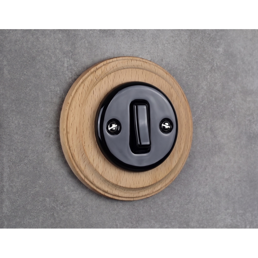 Elhard - Interruttore unipolare in ceramica in stile retrò con cornice n. 1 nero/legno chiaro