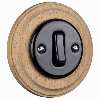 Elhard - Interruttore unipolare in ceramica in stile retrò con cornice n. 1 nero/legno chiaro