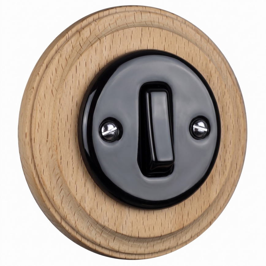 Elhard - Interruttore unipolare in ceramica in stile retrò con cornice n. 1 nero/legno chiaro