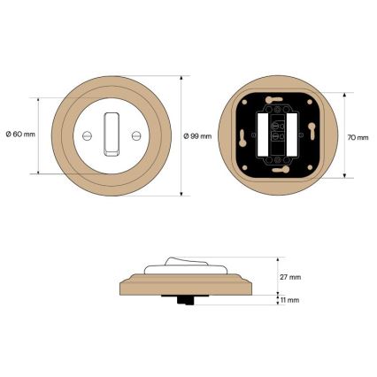 Elhard - Interruttore unipolare in ceramica in stile retrò con cornice n. 1 nero/legno chiaro