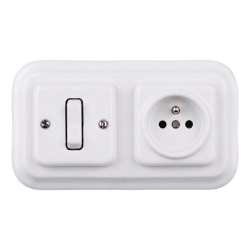 Elhard - Interruttore unipolare in ceramica stile retrò n. 1 e presa 230V con cornice bianca