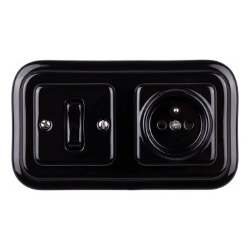 Elhard - Interruttore unipolare retrò in ceramica n. 1 e presa 230 V con cornice, nero