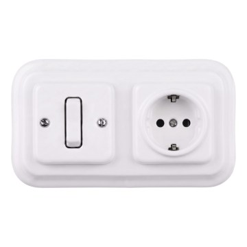 Elhard - Interruttore unipolare retrò in ceramica n. 1 e presa SCHUKO 230V con cornice bianca