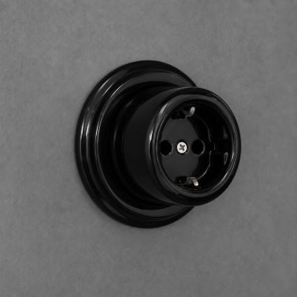 Elhard - Presa a parete in ceramica in stile retrò per uso domestico con cornice, SCHUKO 230V, nera