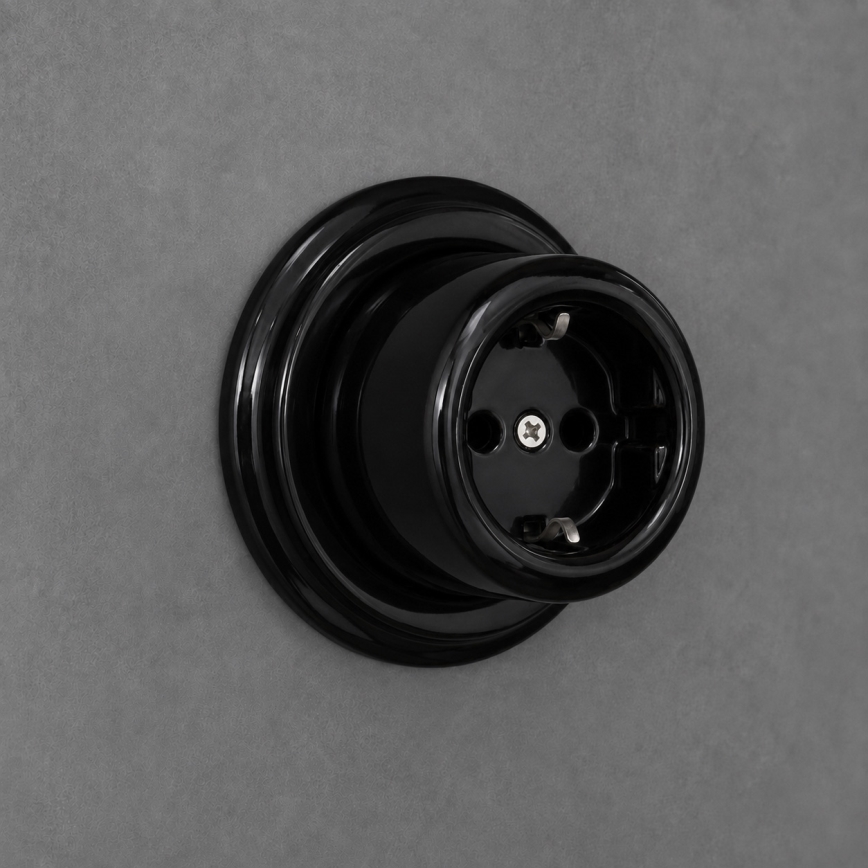 Elhard - Presa a parete in ceramica in stile retrò per uso domestico con cornice, SCHUKO 230V, nera