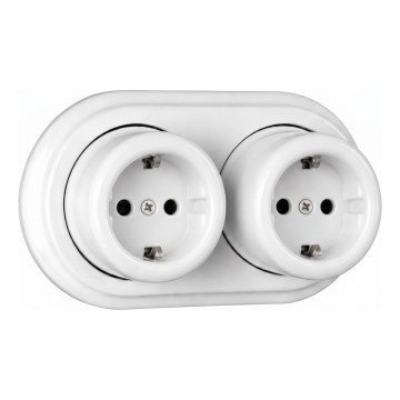 Elhard - Presa da parete doppia in ceramica stile retrò con cornice SCHUKO 230V bianca