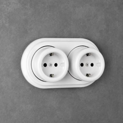 Elhard - Presa da parete doppia in ceramica stile retrò con cornice SCHUKO 230V bianca