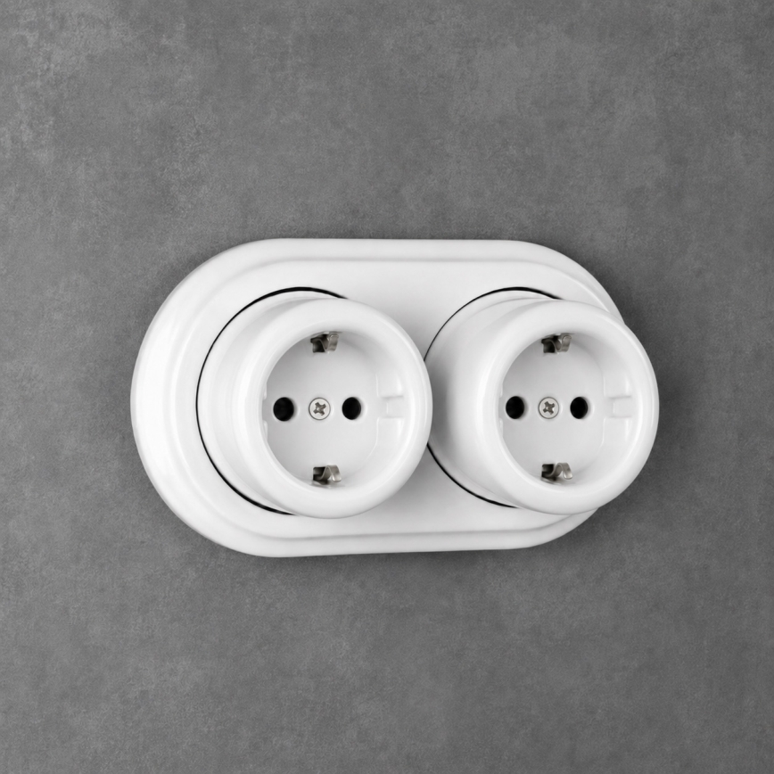 Elhard - Presa da parete doppia in ceramica stile retrò con cornice SCHUKO 230V bianca