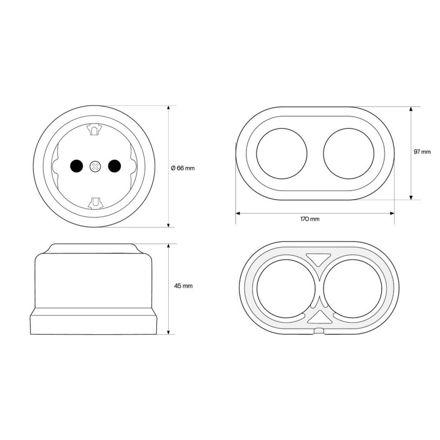 Elhard - Presa da parete doppia in ceramica stile retrò con cornice SCHUKO 230V bianca