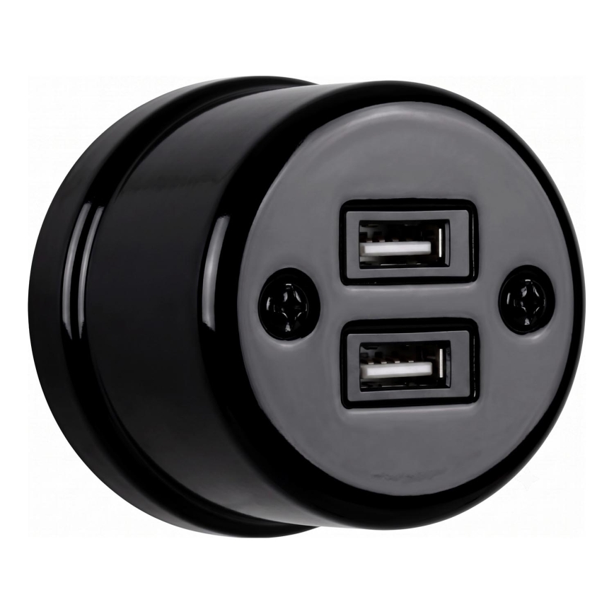 Elhard - Presa da parete in ceramica stile retrò 2xUSB-A nera