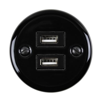 Elhard - Presa da parete in ceramica stile retrò 2xUSB-A nera