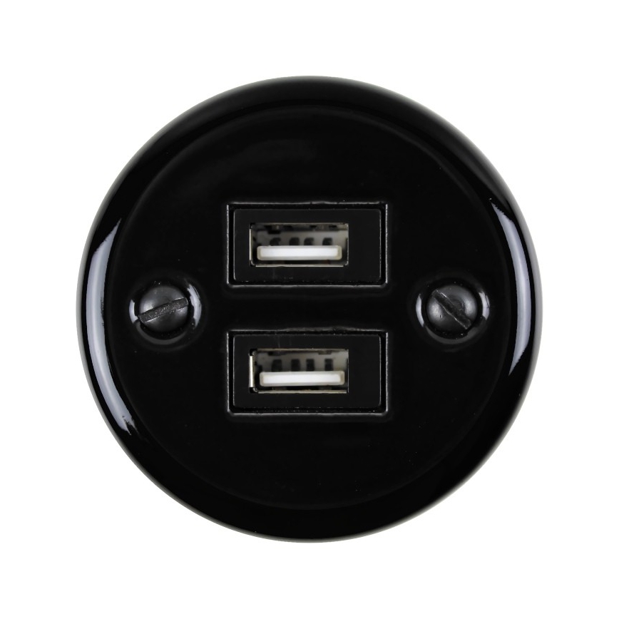 Elhard - Presa da parete in ceramica stile retrò 2xUSB-A nera