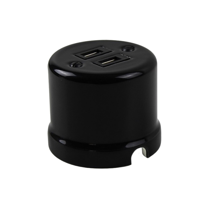 Elhard - Presa da parete in ceramica stile retrò 2xUSB-A nera