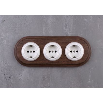 Elhard - Presa tripla in ceramica in stile retrò per uso domestico con cornice SCHUKO 230V bianco/legno scuro