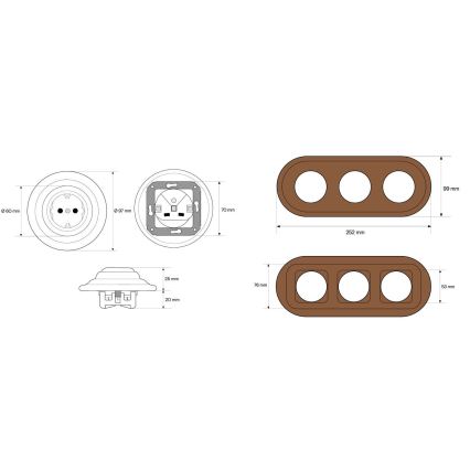 Elhard - Presa tripla in ceramica in stile retrò per uso domestico con cornice SCHUKO 230V bianco/legno scuro